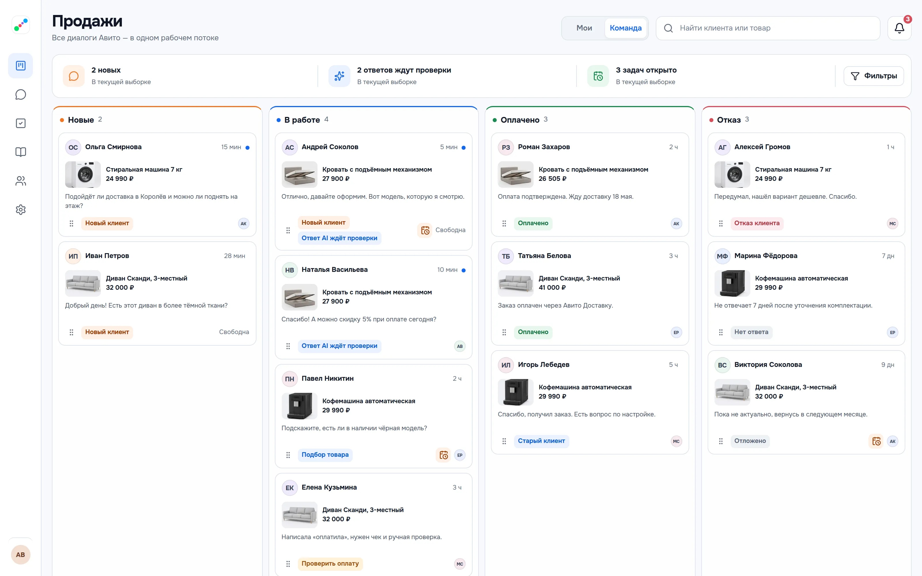 Командная воронка Линии с этапами Новые, В работе, Оплачено и Отказ